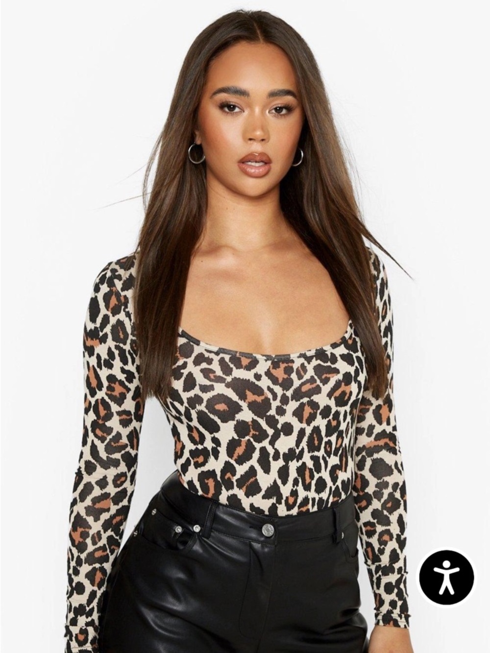 Leopard Scoop Neck Long Sleeve Top - Beige/Black